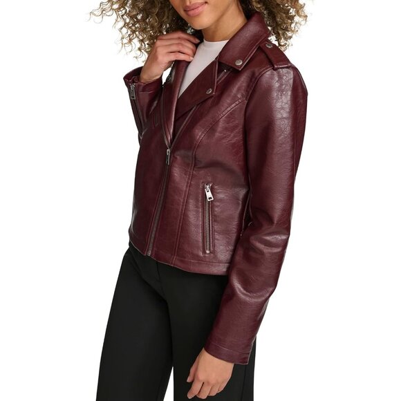 Women's The Classic Faux Leather Moto Jacket Font Full Zipper Fig Gloss Pu - Picture 3 of 6